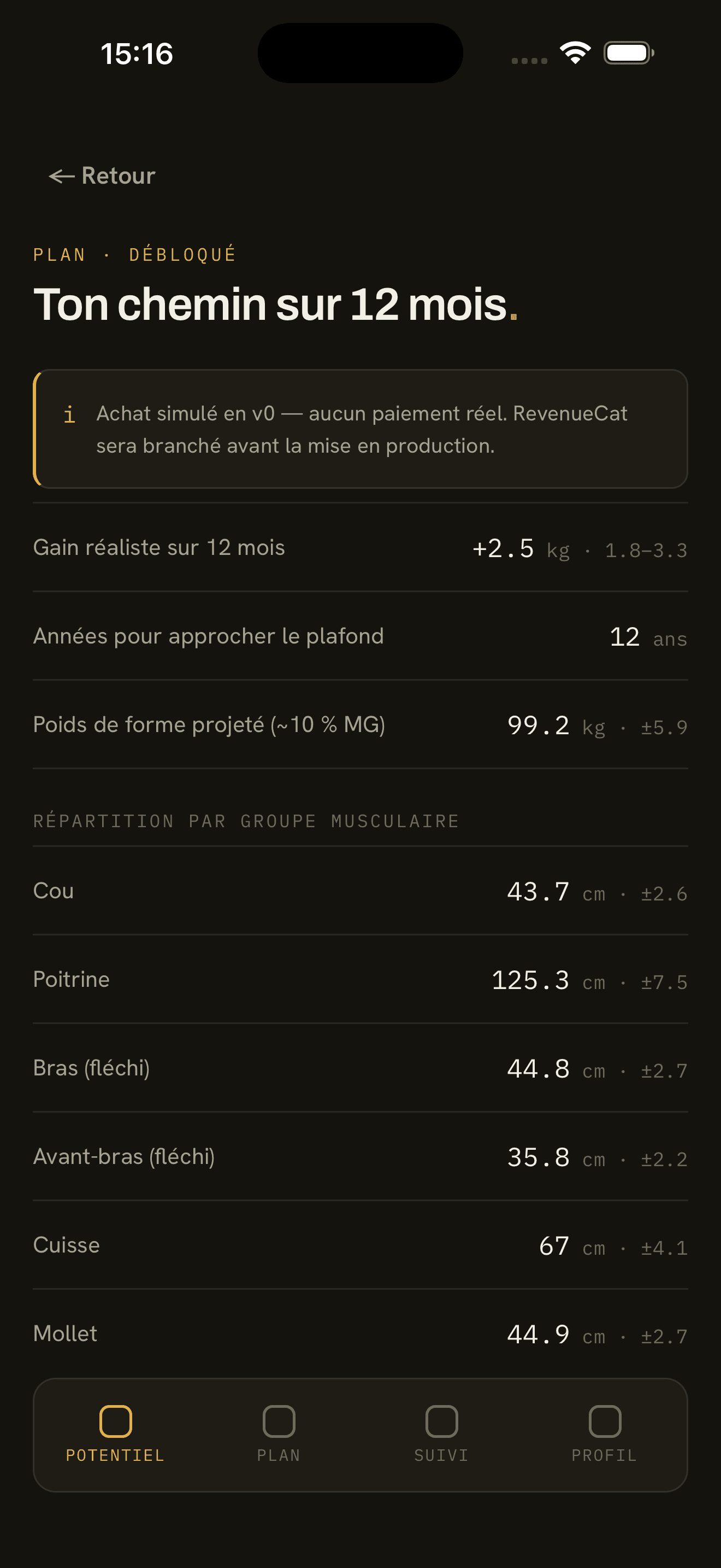 Écran plan de Natty : chemin sur 12 mois et répartition par groupe musculaire.